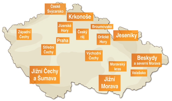 Mapa oblastí pro ubytování v Čechách